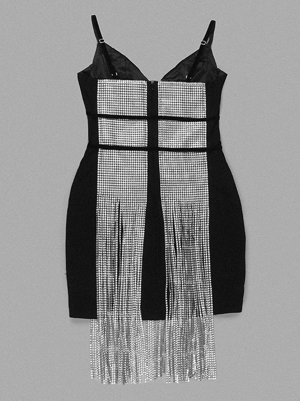 Spaghetti Strap Bustier Mesh Panel Rhinestone Fringe Mini Dress