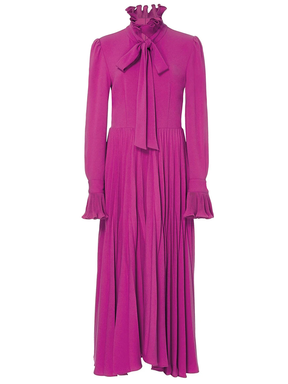 Ruffle Neck Self Tie Bow Ruffle Cuff Accordion Pleat Midi Dress