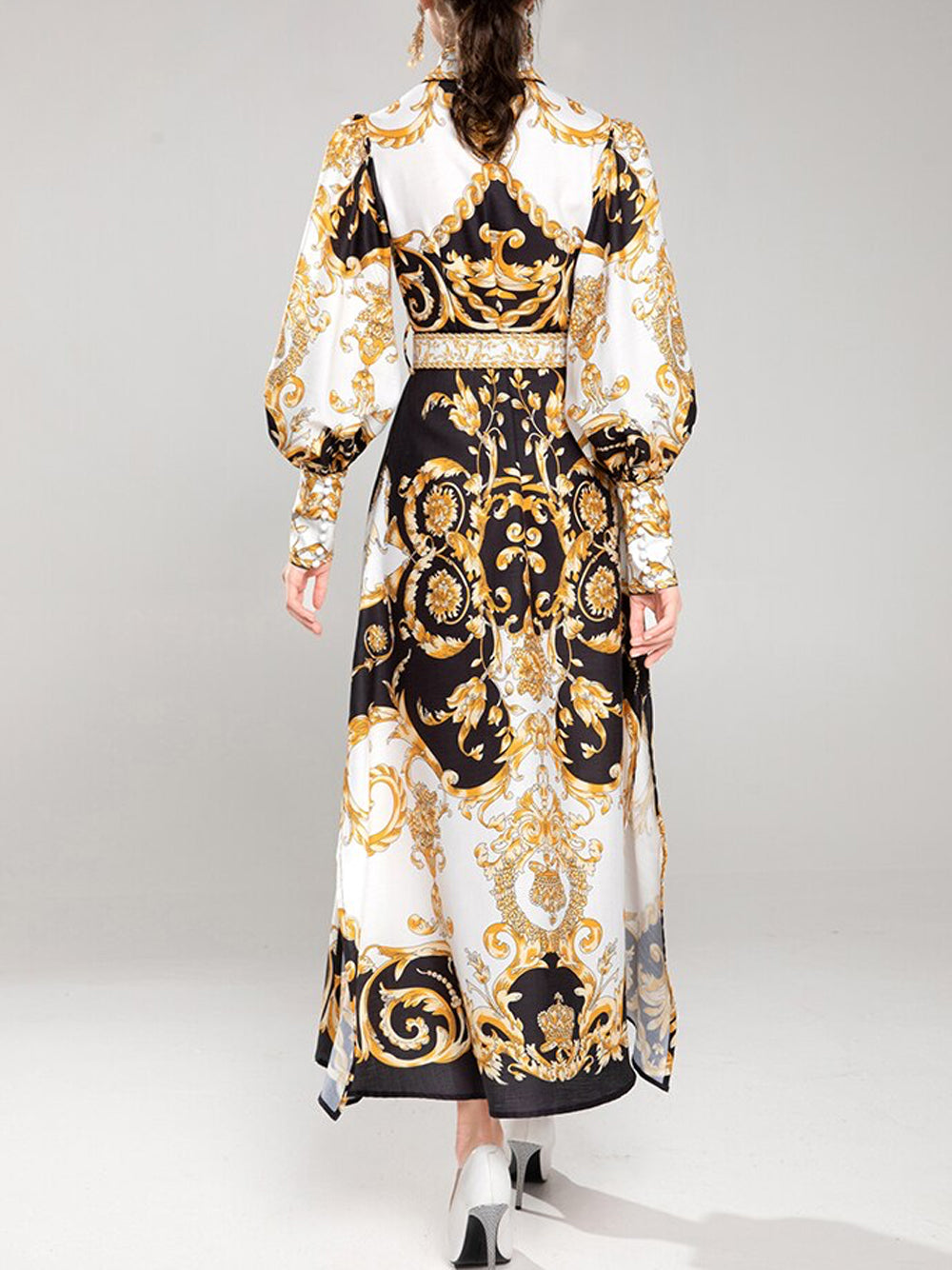 Pointed Collar Puff Sleeve Belted Baroque Print Button Front Maxi Dress