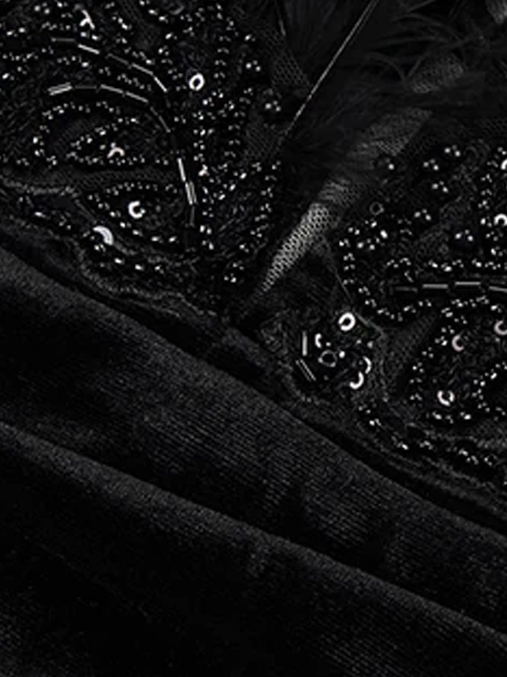 Deep V-Neck Long Sleeve Velvet Feather Trim Beaded Applique Ruched Mini Dress