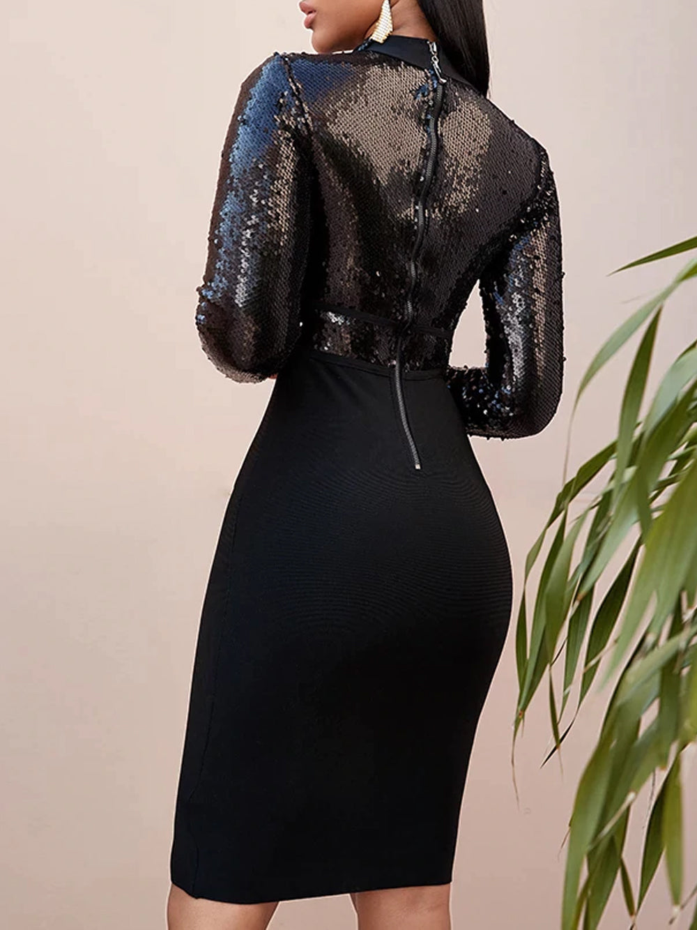 Crew Neck Sequin Bodice Waistband Matte Skirt Long Sleeve Mini Dress