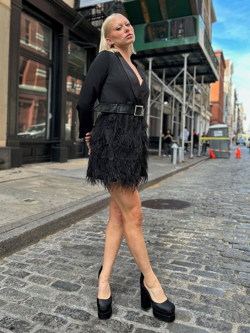 Shawl Lapel Long Sleeve Crystal Buckle Belt Feather Trim Blazer Mini Dress