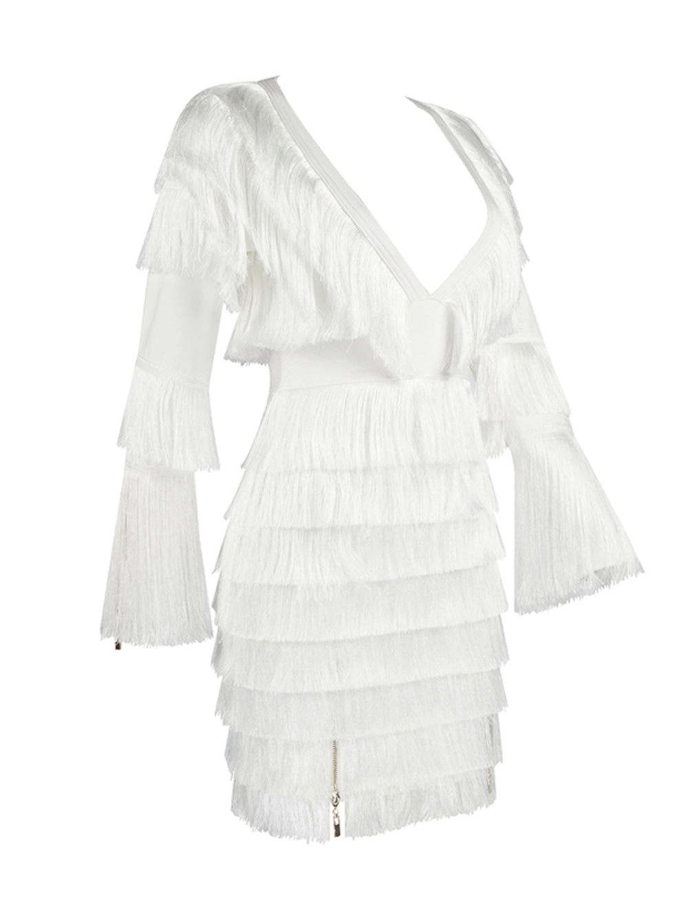 Deep V Neck Tiered Fringe Zip Detail Long Sleeve Mini Dress