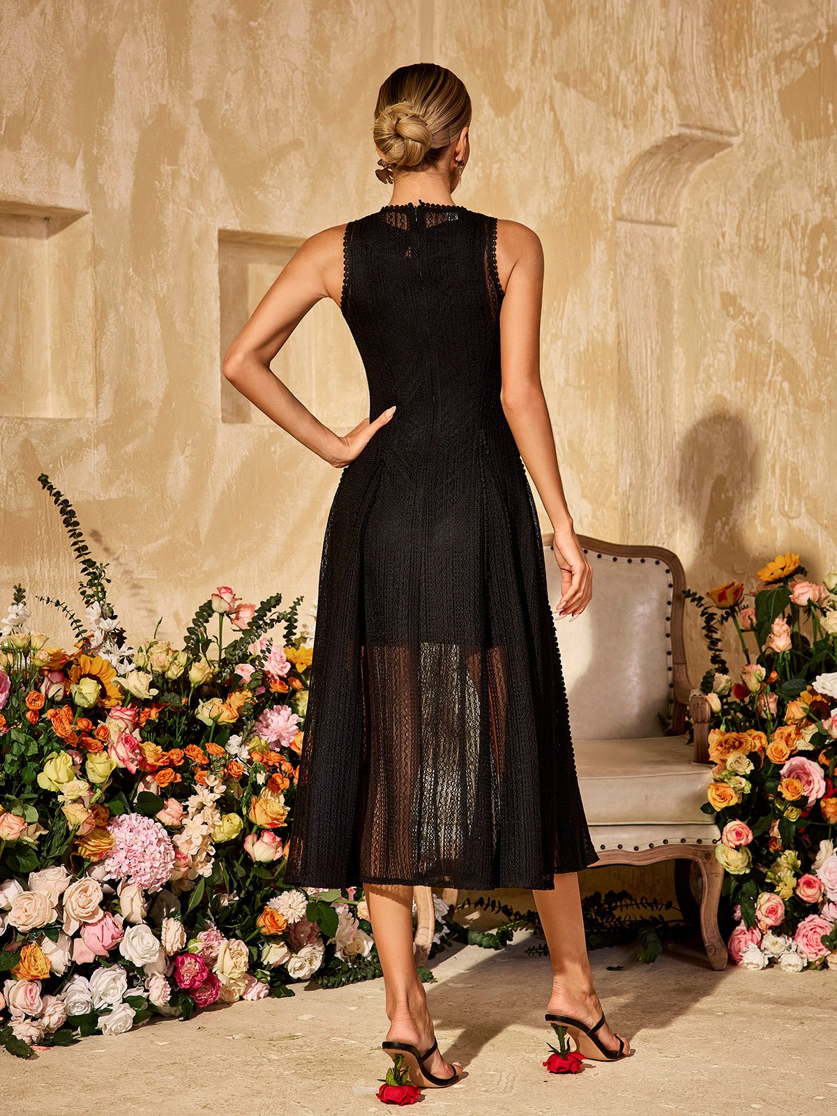 Round Neck Scalloped Lace Sleeveless Pointelle Sheer Hem A-Line Midi Dress