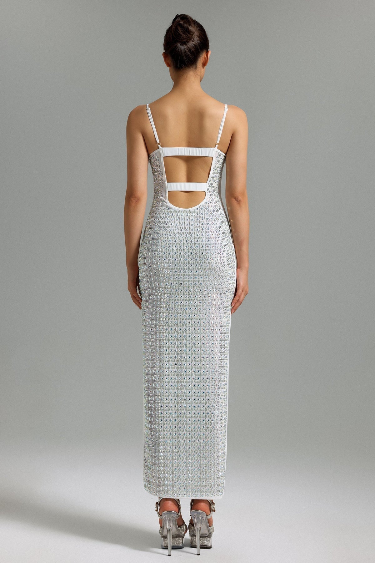 Square Neck Spaghetti Strap All-Over Crystal Embellished Bodycon Maxi Dress