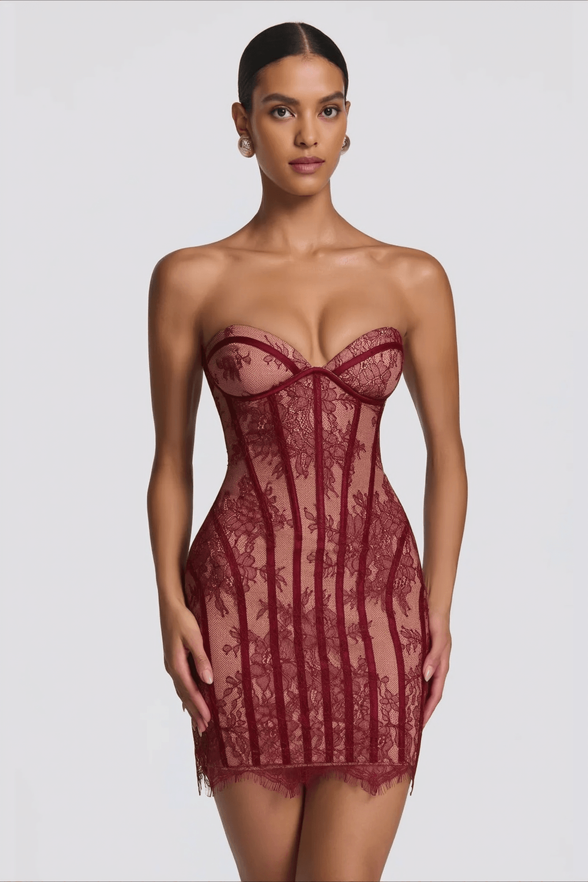 Strapless Sweetheart Corset Boned Floral Lace Piping Column Maxi Dress