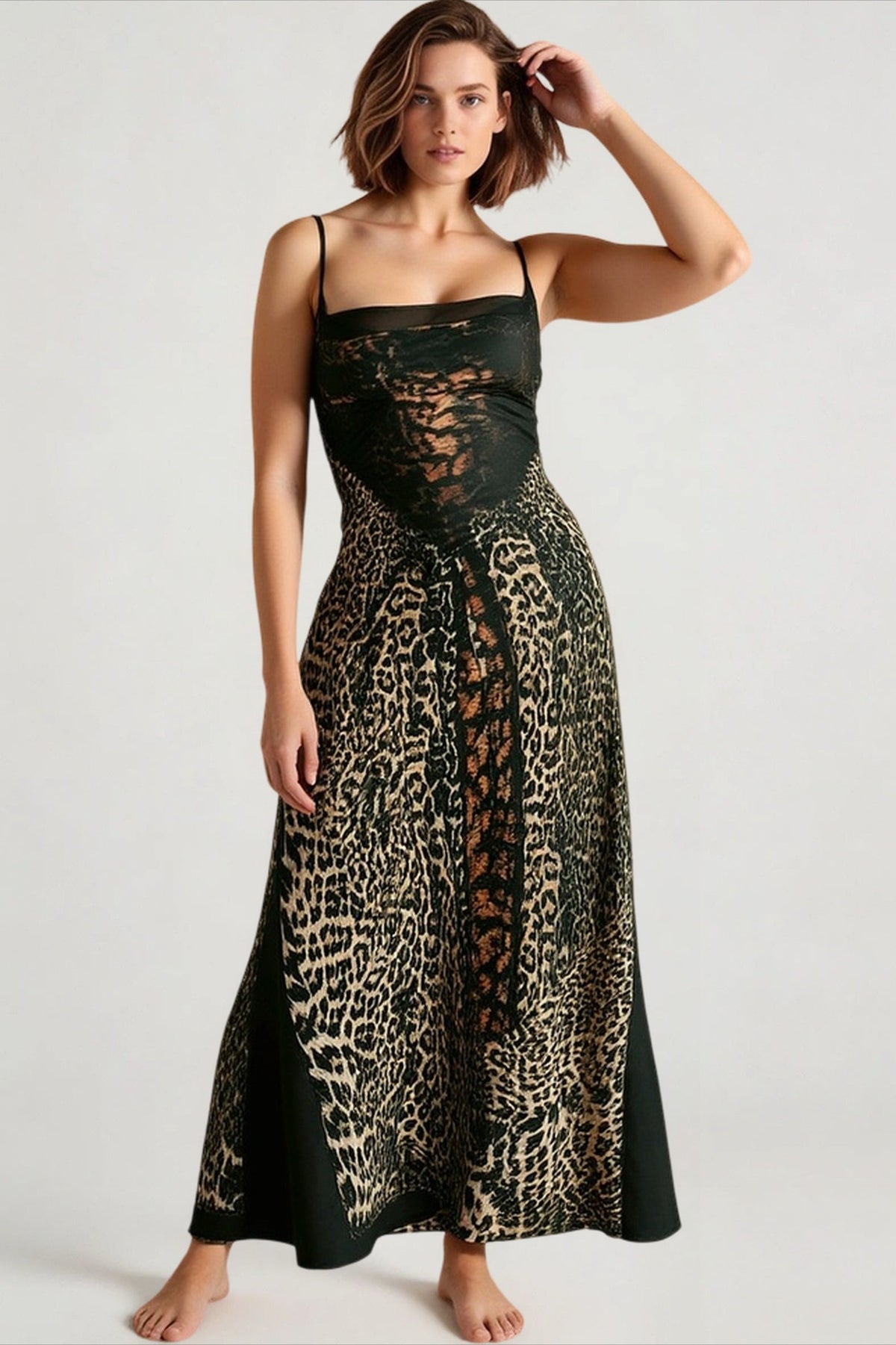 Spaghetti Strap Lace Corset Bodice Print Column Maxi Dress