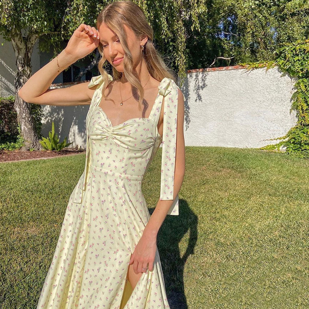 Bow Tie Shoulder Ruched Sweetheart Ditsy Floral High Slit Slip Midi Dress