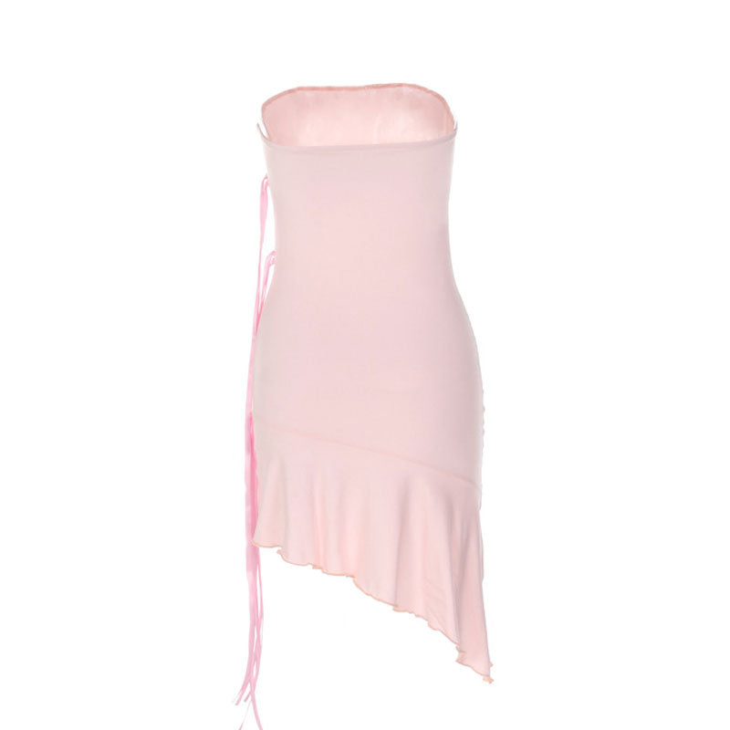 Ribbon Wrap Strapless Ruffle Hem Lettuce Edge Mini Dress