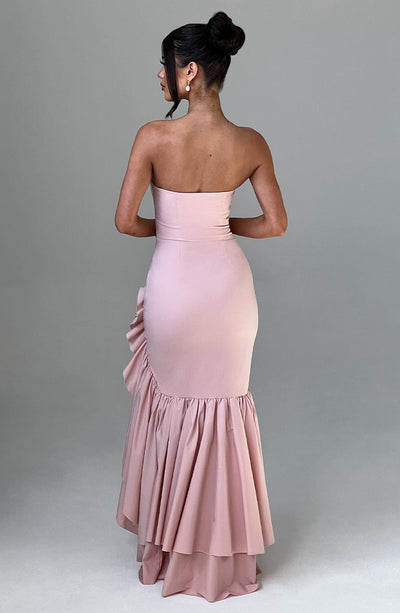 Strapless Corset Bodice Cascading Ruffle High Slit Mermaid Maxi Gown