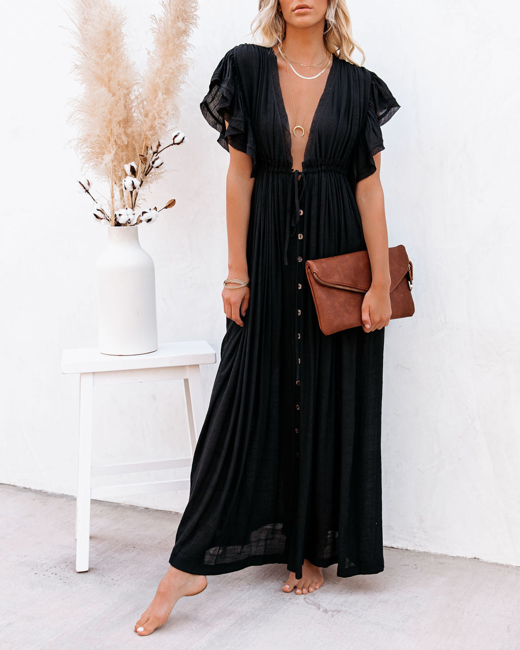 Collared Button Down Long Sleeve Pocketed Tiered Ruffle Maxi Shirt Dress