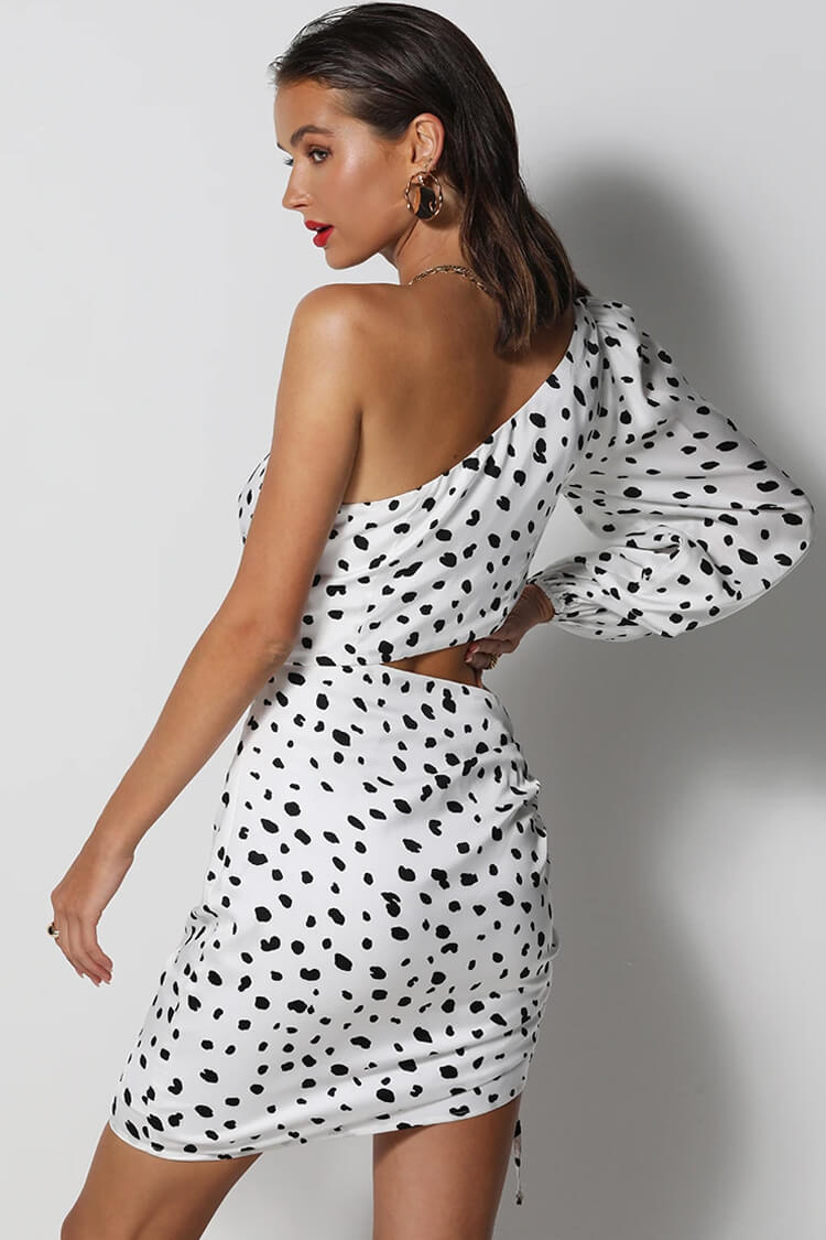 One Shoulder Cutout Dalmatian Spot Print Long Sleeve Mini Dress