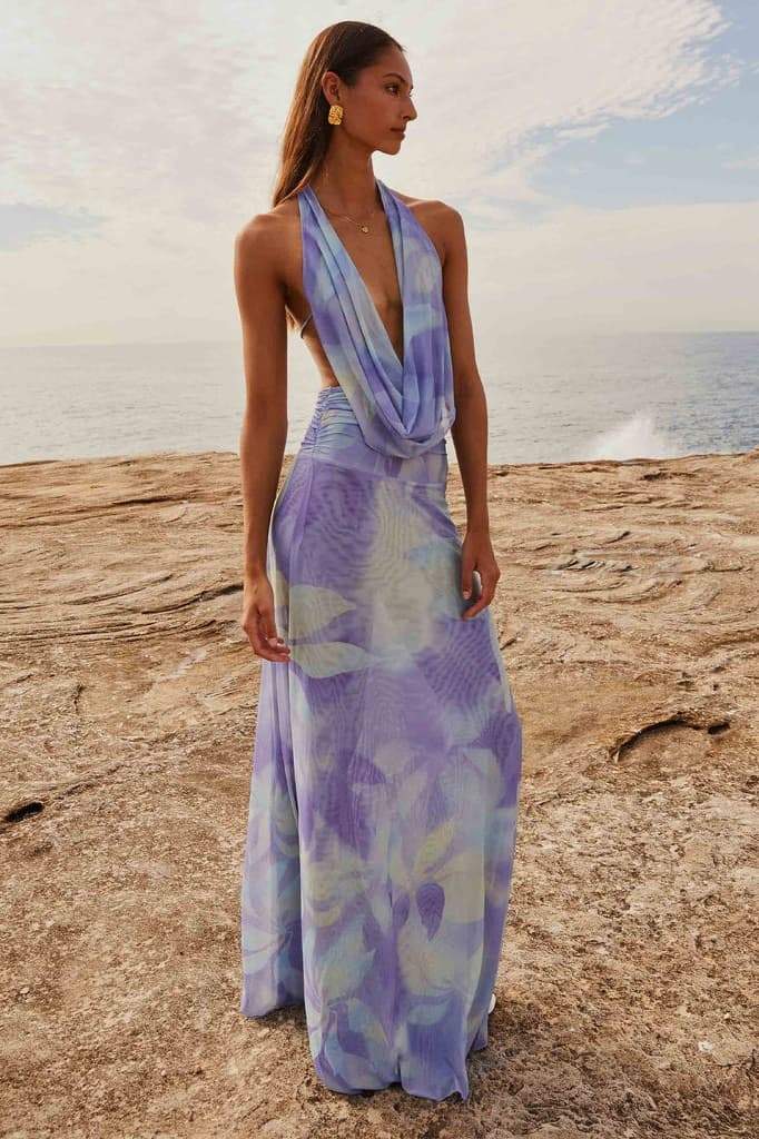 Tie-Dye Print Halter Deep V-Neck Backless Rib Knit Mesh Maxi Dress
