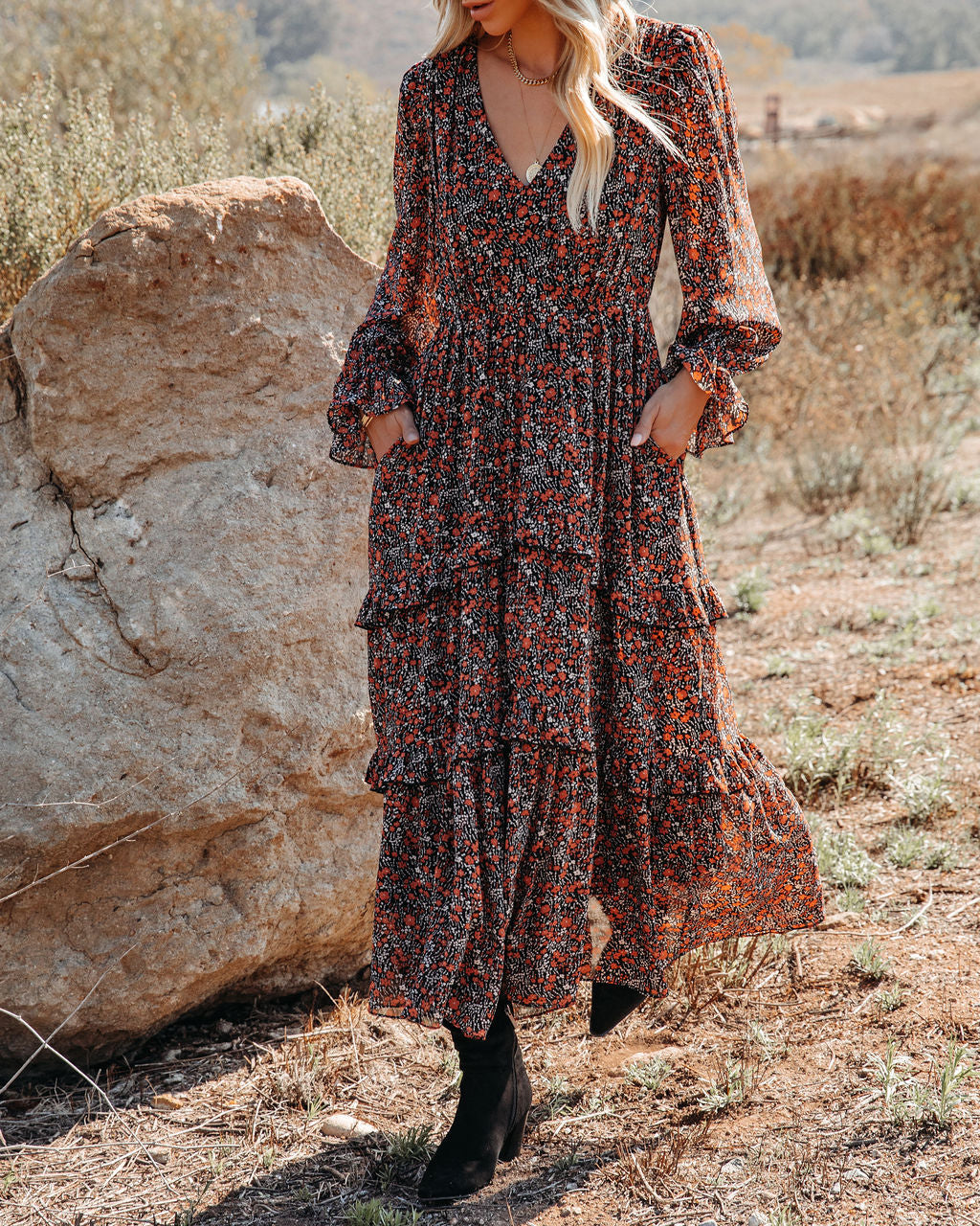 Deep V Neck Bishop Sleeve Smocked Waist Tiered Floral Maxi Dress