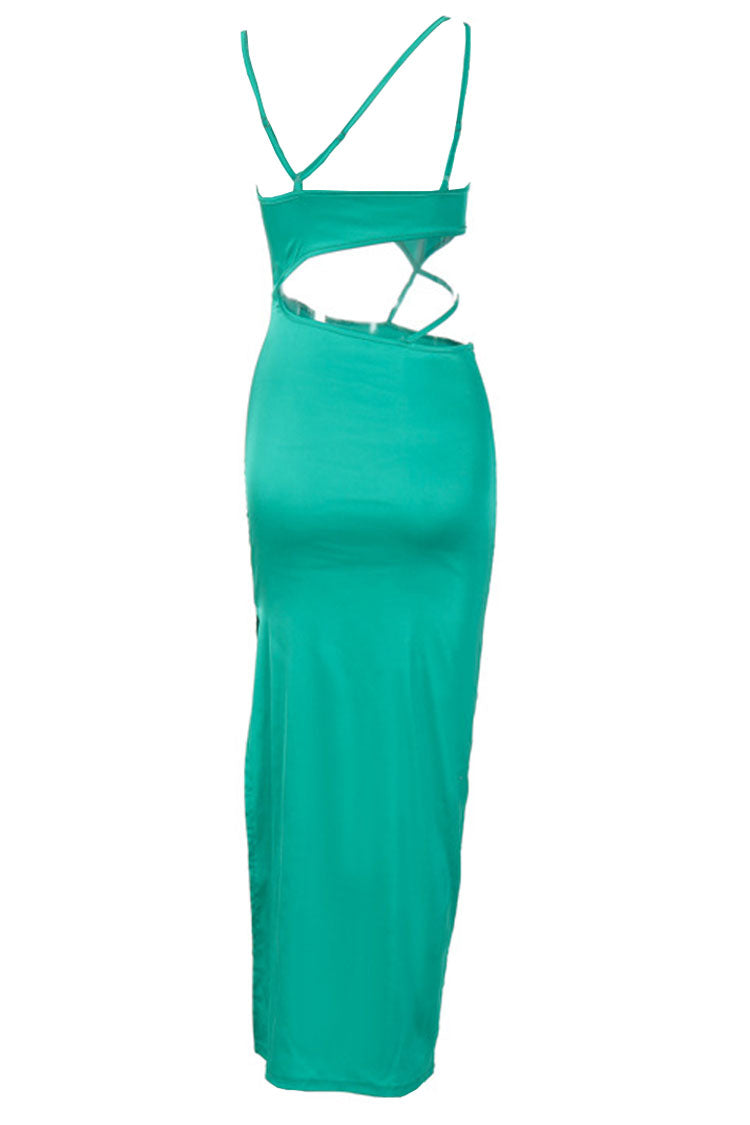 Spaghetti Strap V Neck Cutout High Slit Slip Maxi Dress