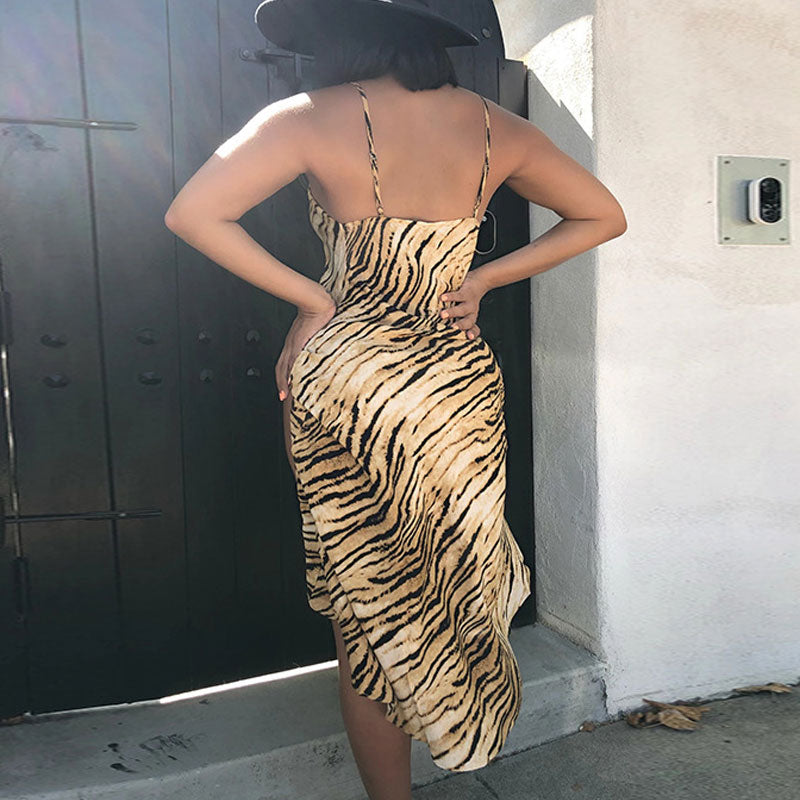Tiger Print Spaghetti Strap Cowl Neck High Slit Midi Dress