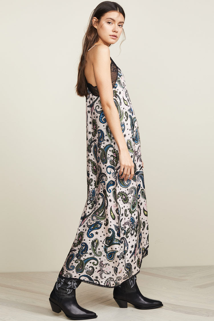 Paisley Print Lace Trim Spaghetti Strap French Slip Midi Dress