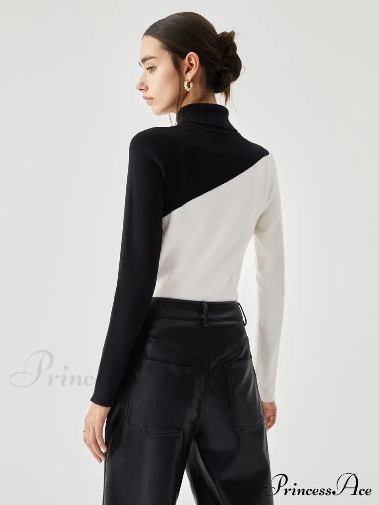 Asymmetric Patchwork Long Sleeve Modern Mock Neck Knit Top