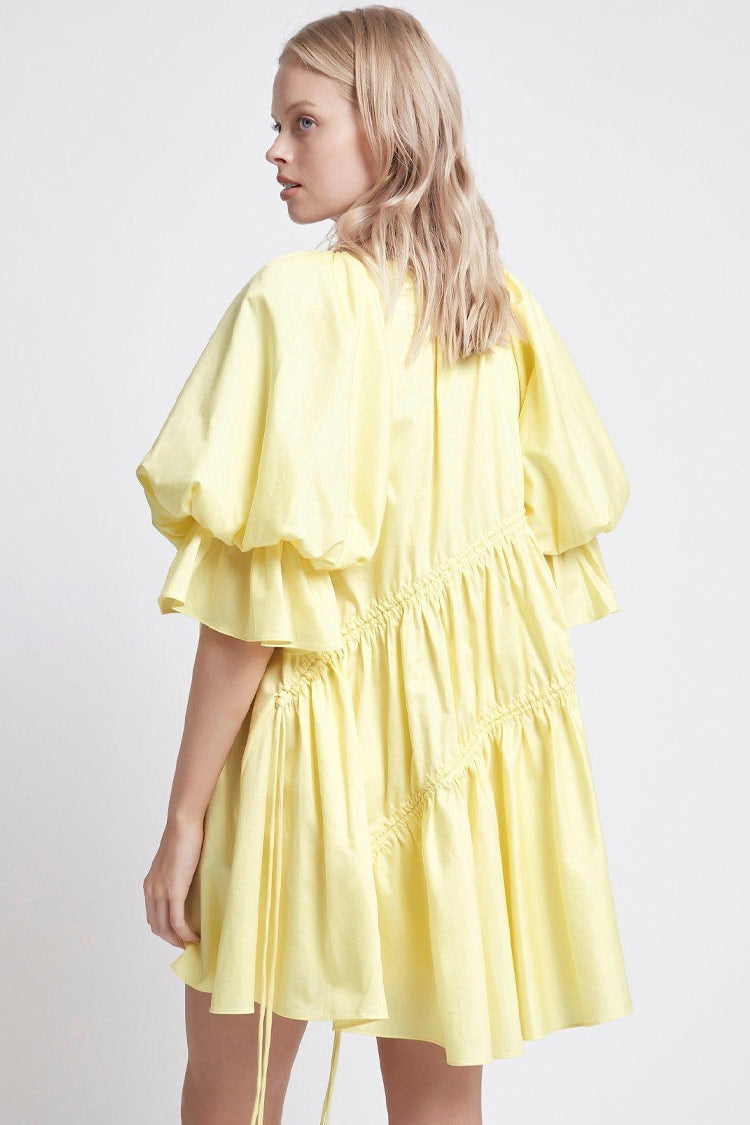 Asymmetric Off Shoulder Puff Sleeve Smocked Drawstring Babydoll Mini Dress