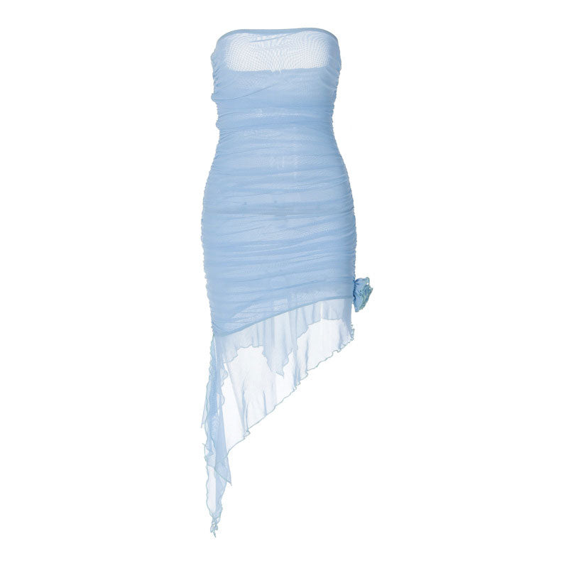 Strapless Ruched Mesh Rosette Applique Asymmetric Ruffle Hem Mini Dress