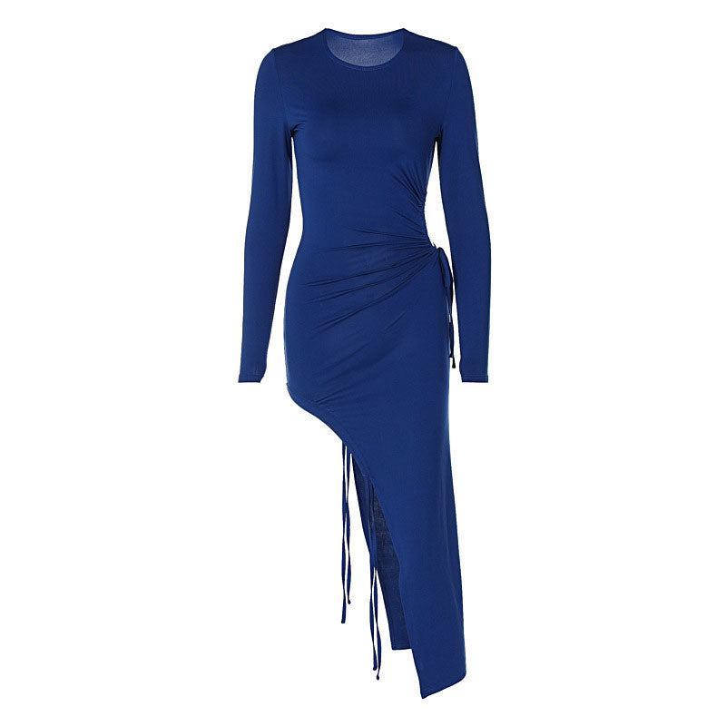 Crew Neck Drawstring Side Slit Ruched Long Sleeve Midi Dress
