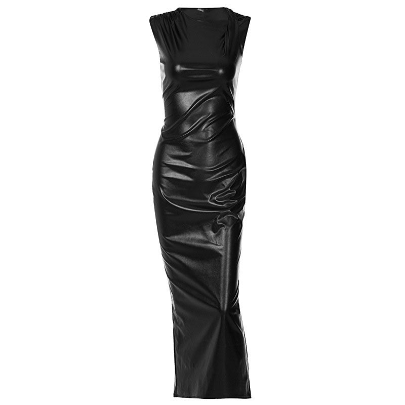 Asymmetrical Neck Twist Trim Sleeveless Faux Leather Maxi Dress