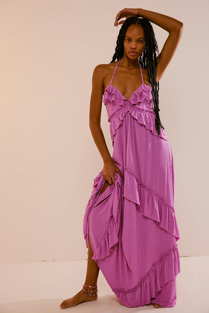 Solid Color V Neck Backless Strappy Boho Dress