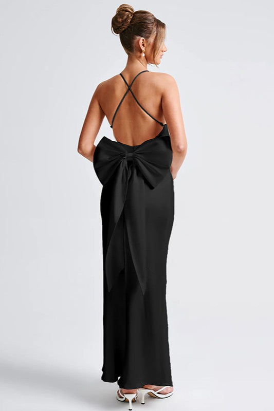 Satin Maxi Dress with Bow Detail Silk Dress