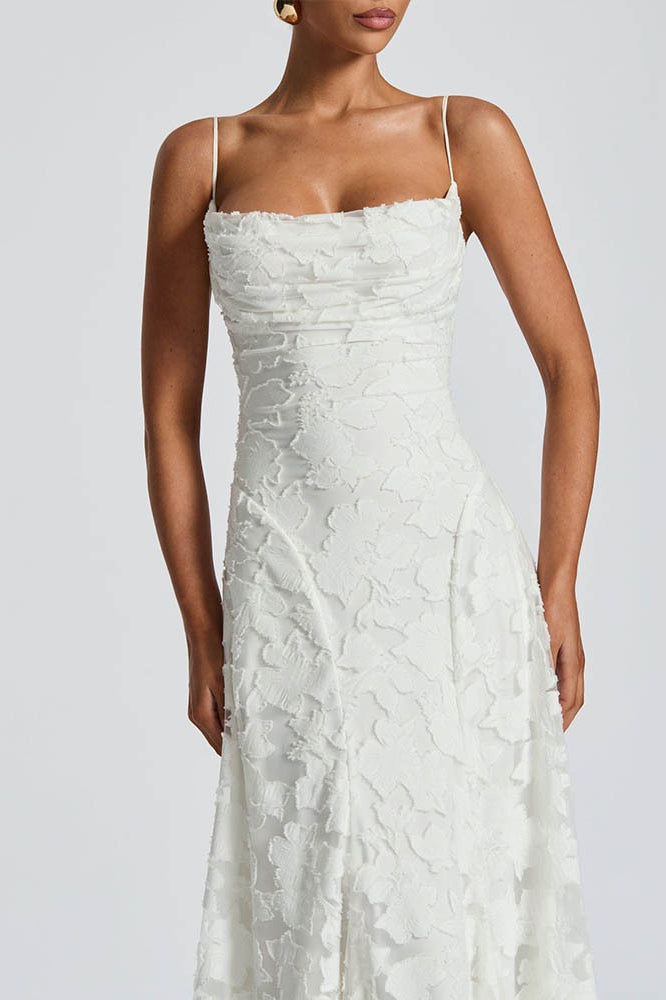 Square Neck Spaghetti Strap Ruched Burnout Floral Lace Maxi Dress