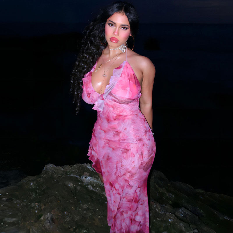 Floral Print Halter Ruffle Trim High Slit Mesh Maxi Dress