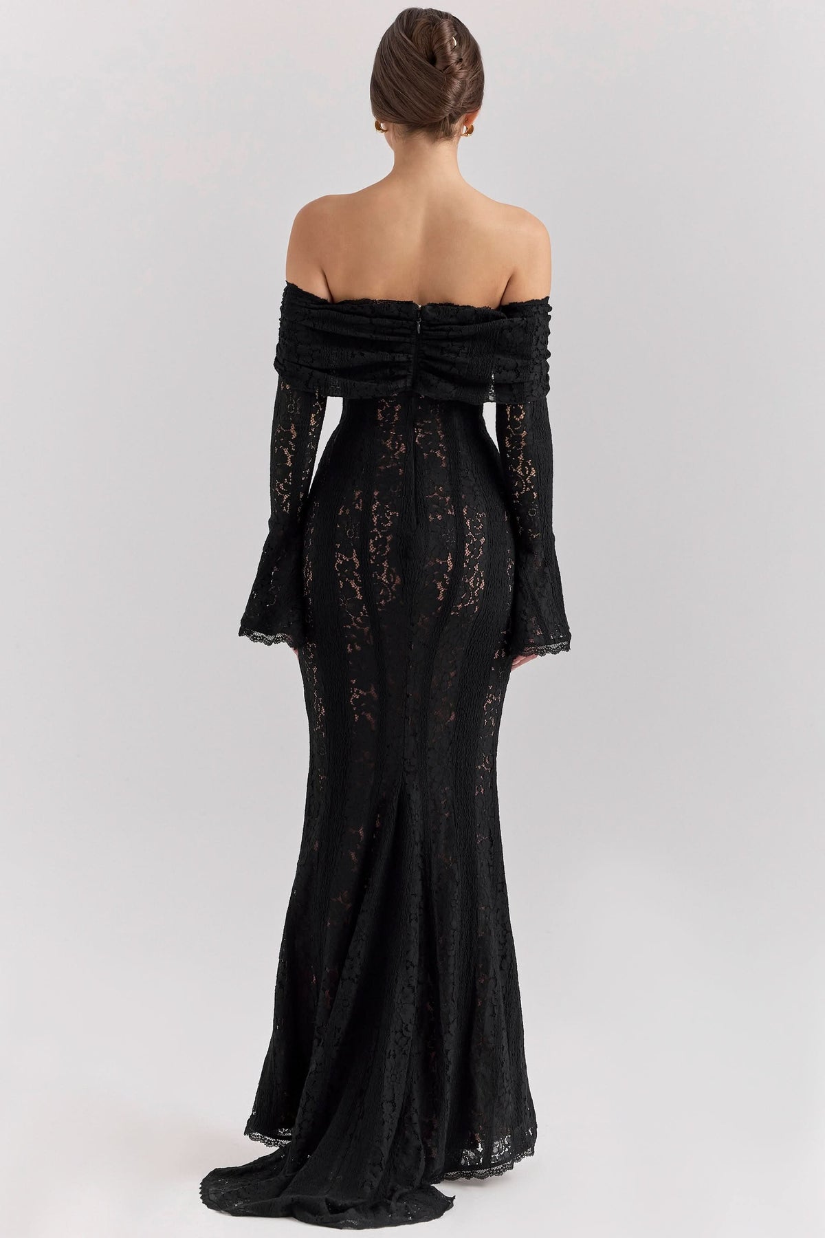 Off Shoulder Lace Up Tie Long Sleeve Bell Cuff Mermaid Lace Maxi Dress
