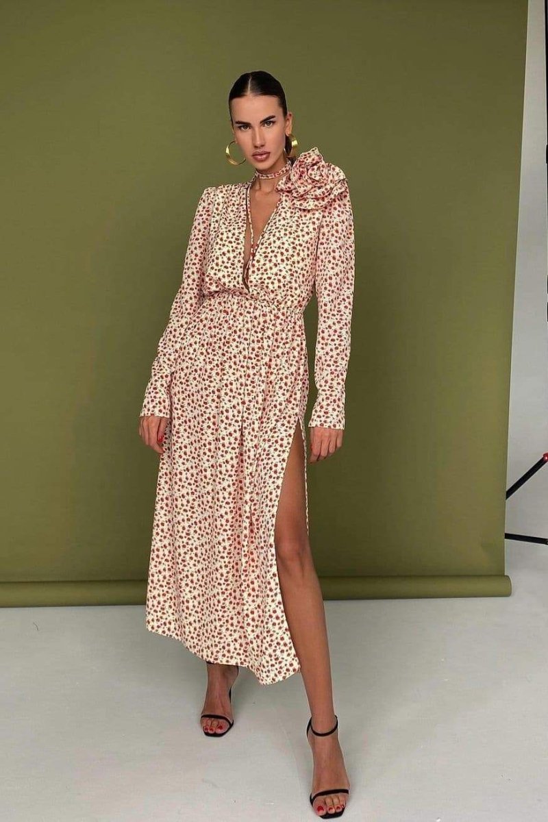 Deep V Neck 3D Floral Rosette Long Sleeve High Slit Maxi Dress