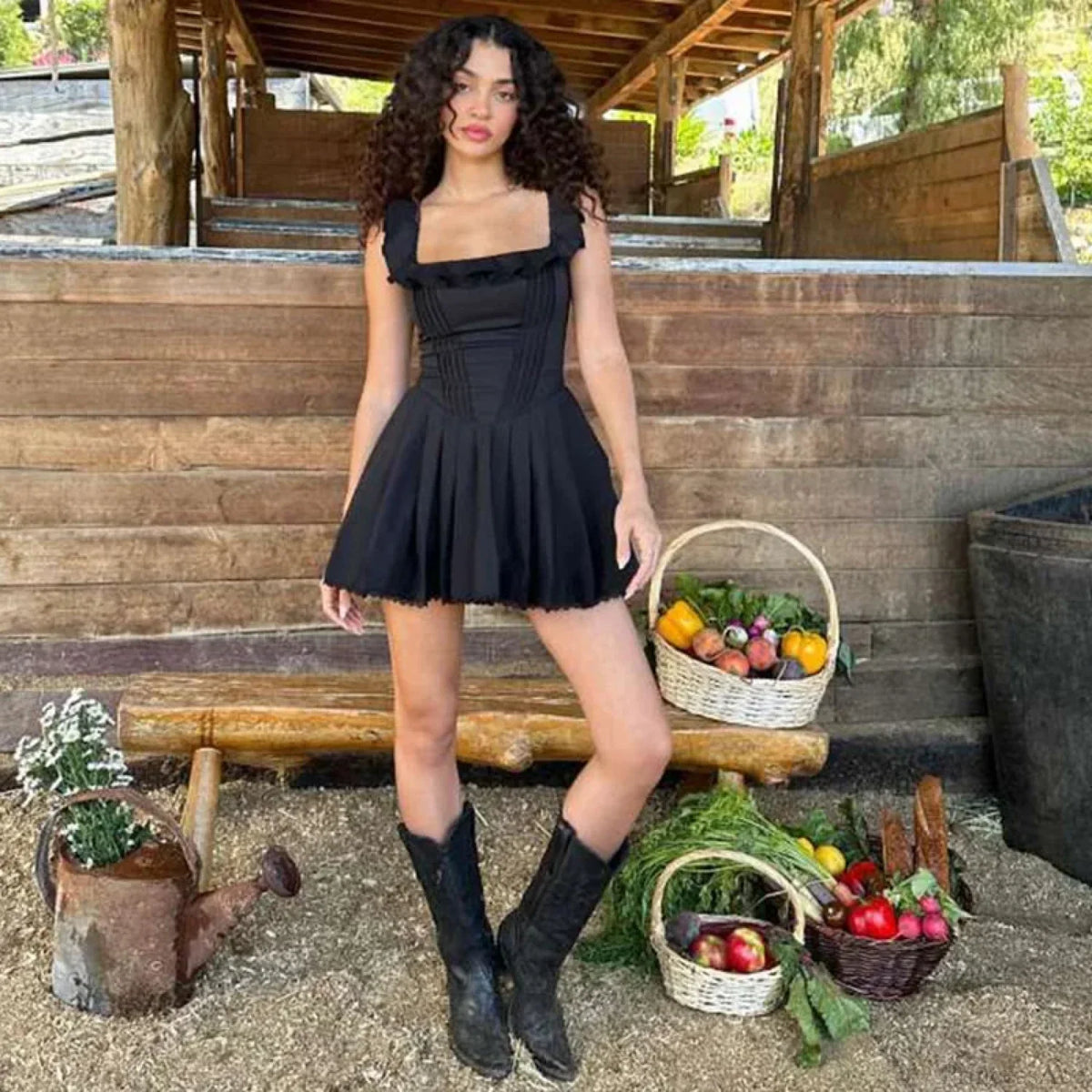 Black Ruffles A-line Vacation Dress