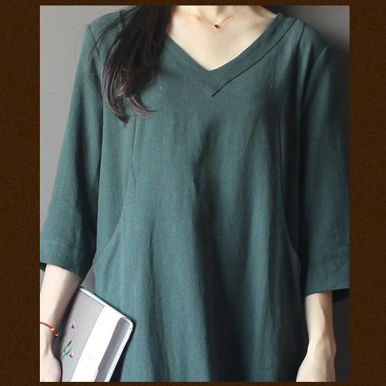 V-Neck Three Quarter Sleeve Side Pocket Linen Midi Dress