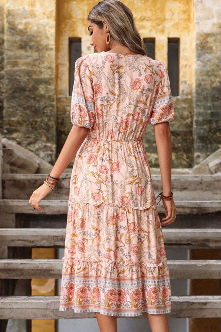 Deep V Neck Puff Sleeve Drawstring Waist Tiered Border Floral Midi Dress