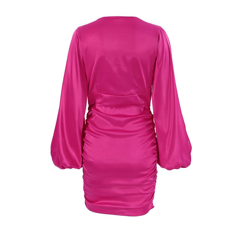 Deep V-Neck Bishop Sleeve Cinched Waist Ruched Satin Mini Dress
