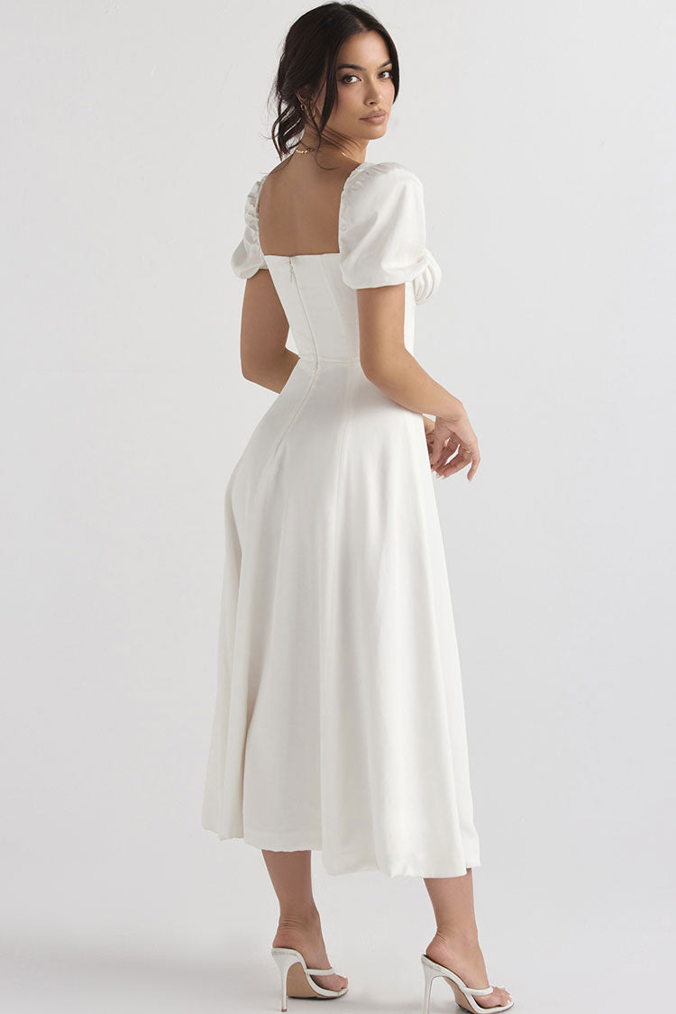 Square Neck Ruched Tie-Front Puff Sleeve High Slit A-Line Midi Dress