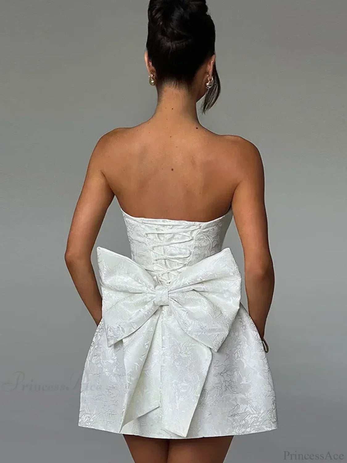 Jacquard Floral Strapless Bow Back A-Line Mini Dress