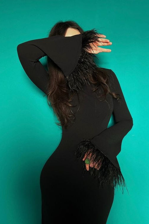 Feather Trim Bodycon Maxi Sweater Dress