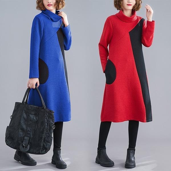 Quilted Cowl Neck Panel Block Long Sleeve Tunic Dress