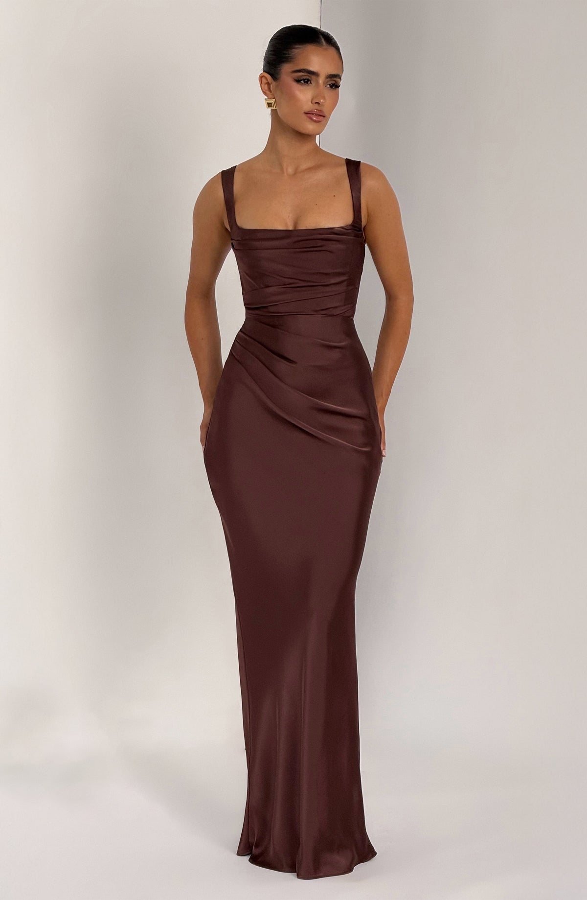 Square Neck Sleeveless Ruched Drape Column Maxi Dress