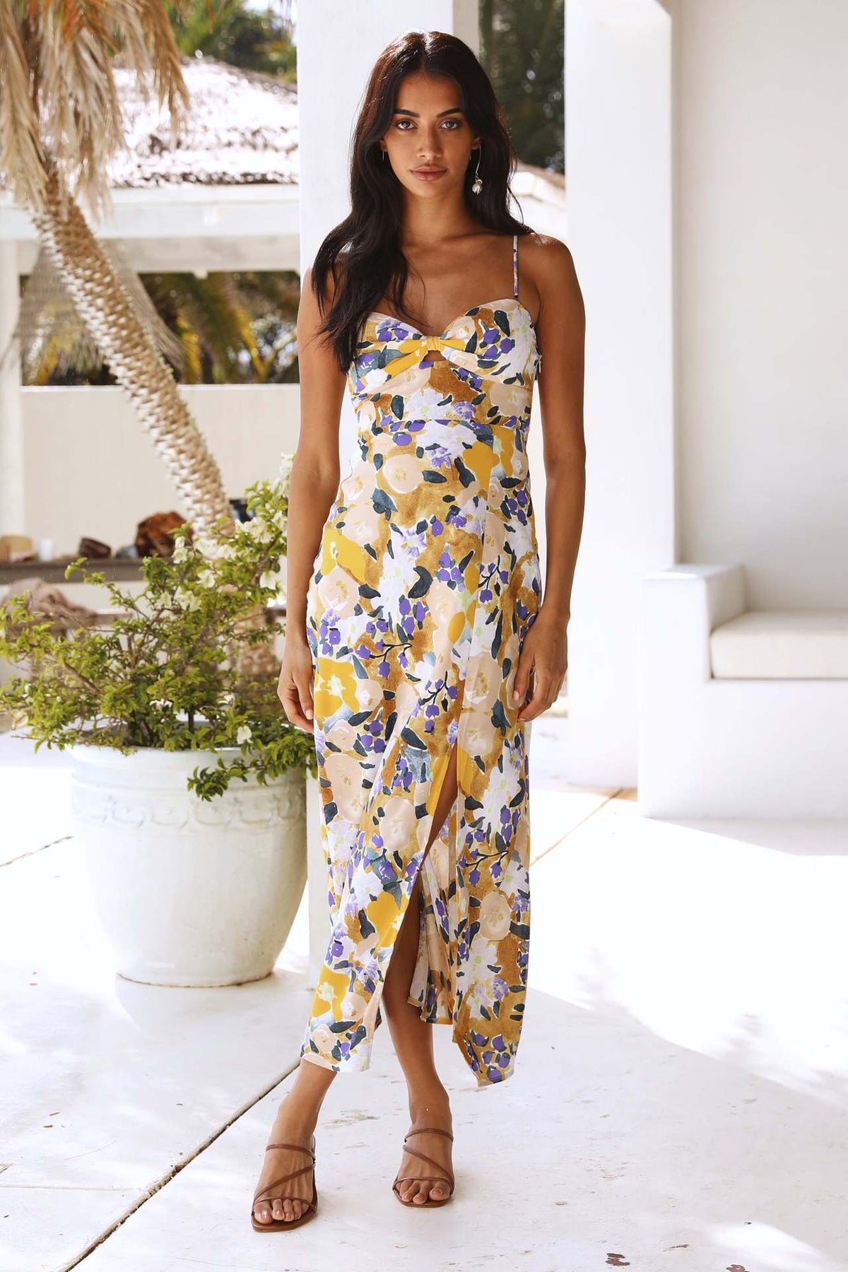 Abstract Floral Spaghetti Strap Sweetheart Cutout High Slit Midi Dress