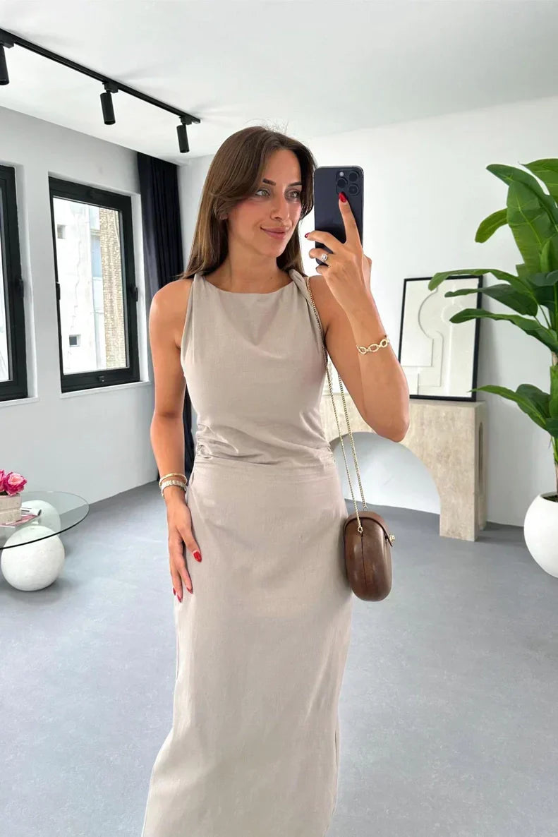 Boat Neck Sleeveless Straight Silhouette Midi Dress