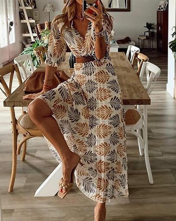 Leaf Print V-Neck Ruffle Sleeve Crop Top Pleated Maxi Skirt Two Piece Set