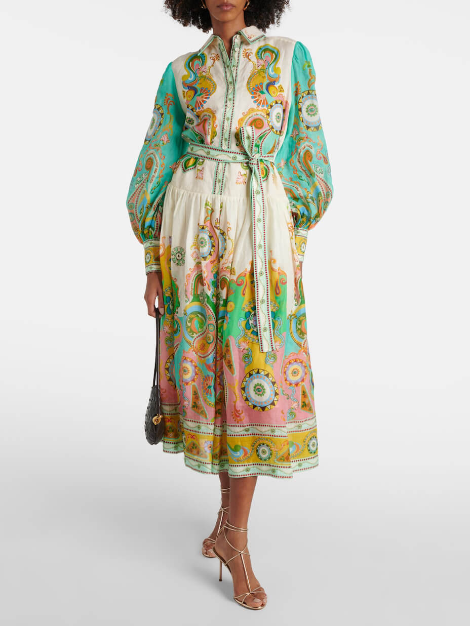 Ornamental Print Puff Sleeve Tie Waist Button Down Shirt Midi Dress