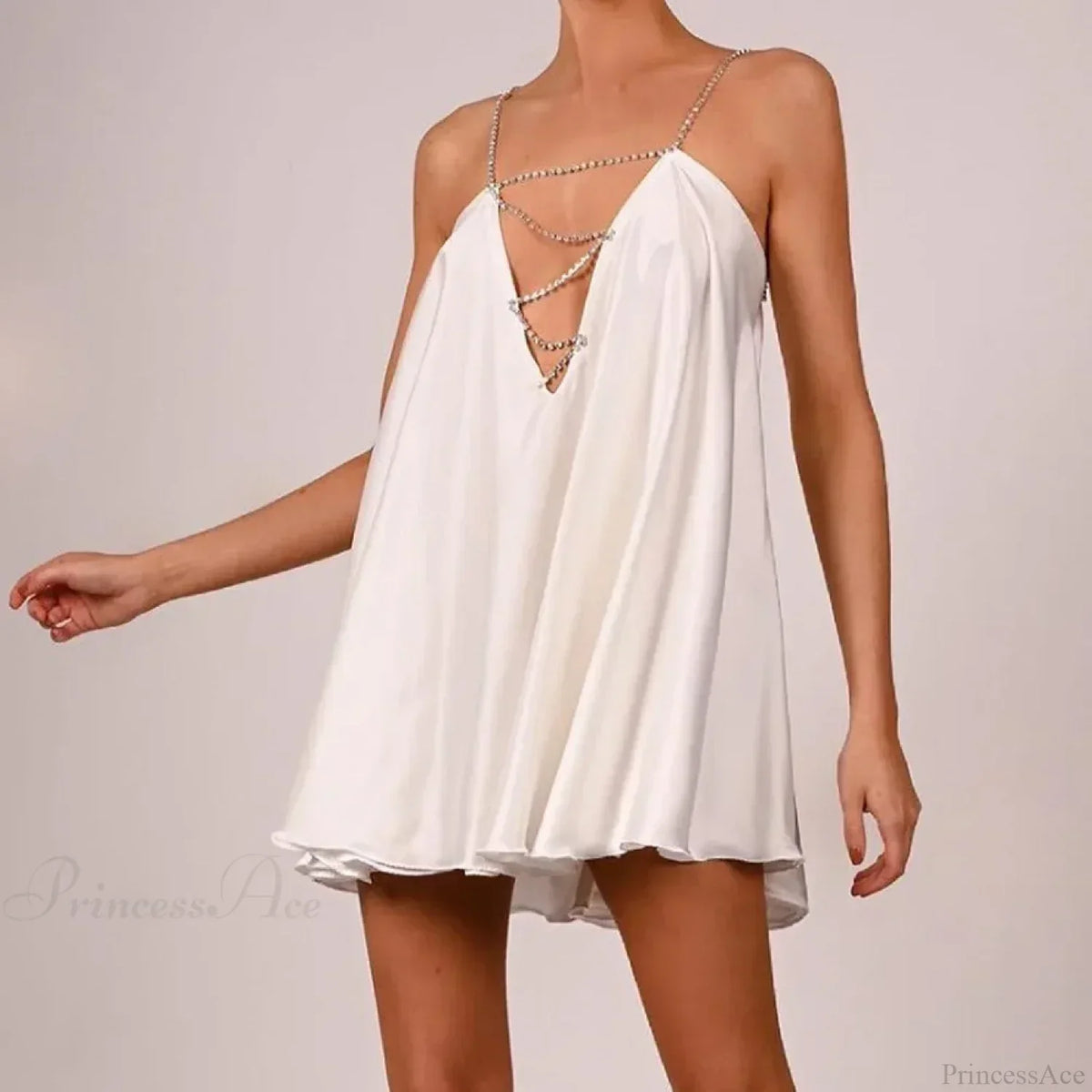 Rhinestone Cross Strap Plunging V Neck Satin Babydoll Mini Dress