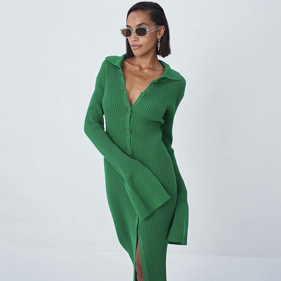 Rib Knit Collared Button Down Flare Cuff Front Slit Maxi Dress