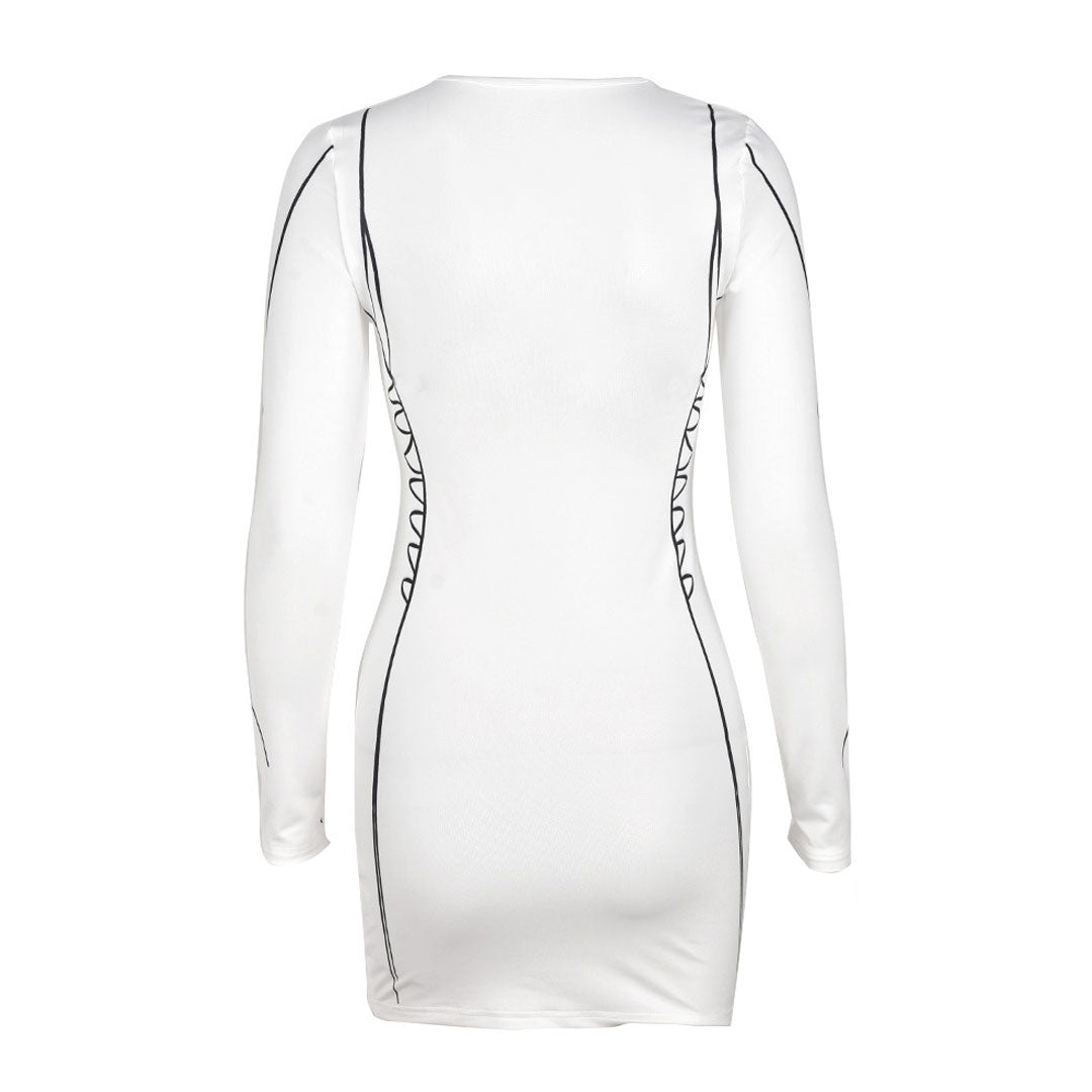 Round Neck Long Sleeve Body Contour Line Print Bodycon Mini Dress