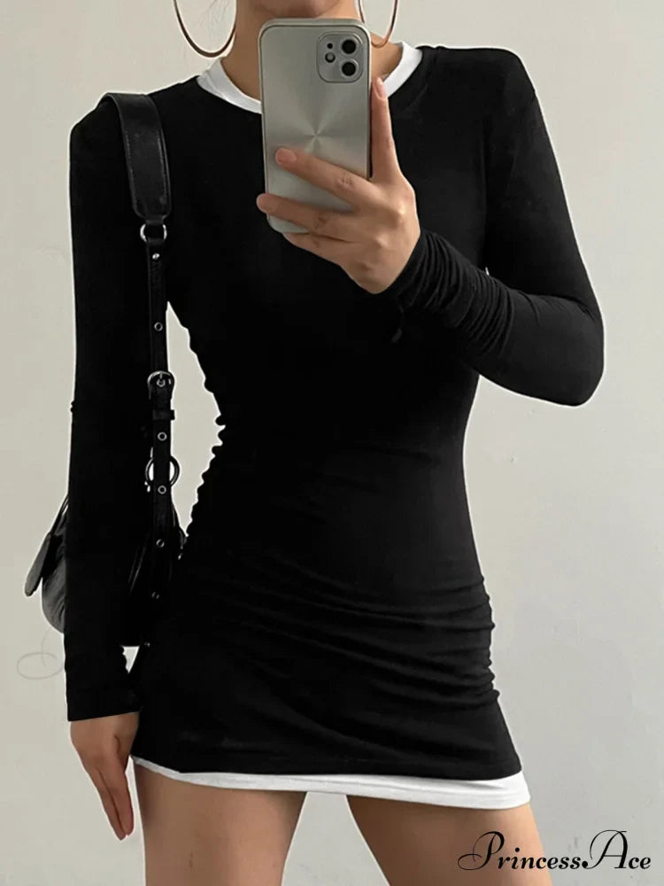 Contrast Binding Bodycon Long Modern Sleeve Knit Mini Dress