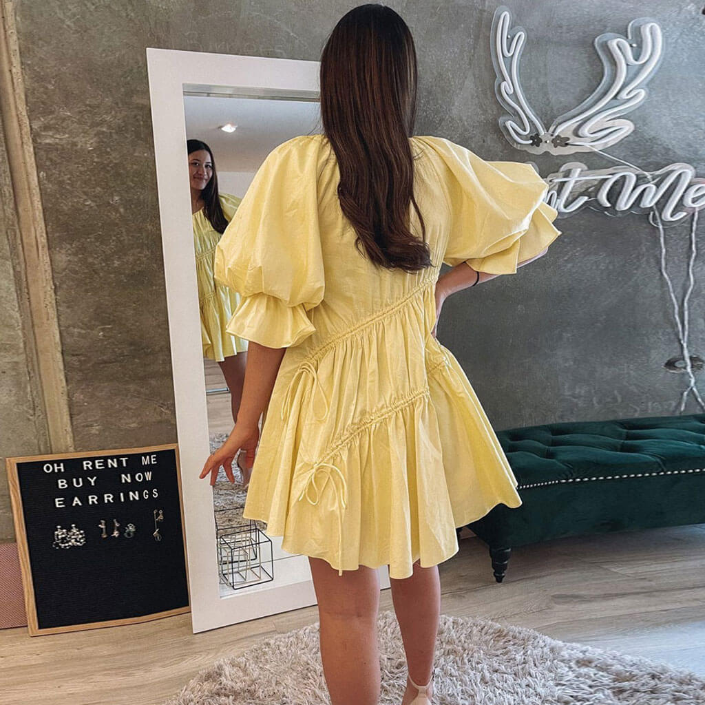 Square Neck Tiered Puff Sleeve Smocked Waist Babydoll Mini Dress
